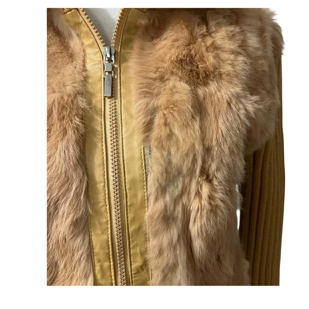 Leather USA Mustard Brown Genuine Rabbit Fur Ribbed Knit‎ Zip Up Cardigan XL